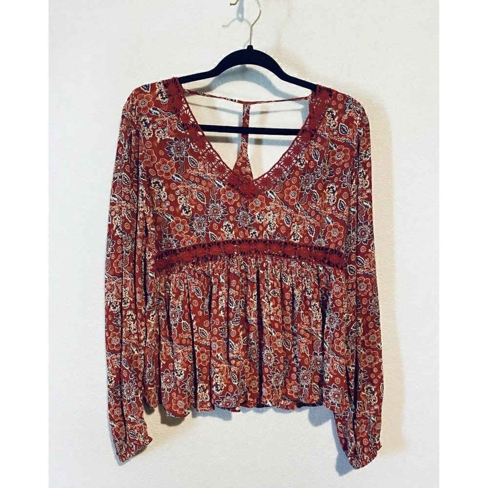 Patrons of Peace Peasant Top Womens Small Peace Sign Back Floral Crochet Boho